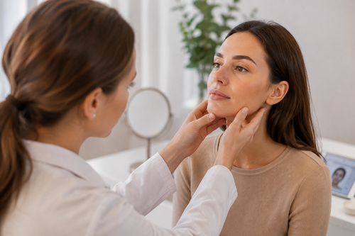 Cosmetisch specialist bespreekt huidanalyse en injectables tijdens een professioneel consult in de kliniek