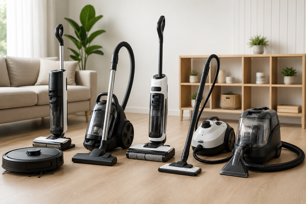 Moderne schoonmaakmachines voor thuisgebruik, waaronder een robotstofzuiger, vloerreiniger, stoomreiniger en tapijtreiniger in een stijlvolle woonkamer