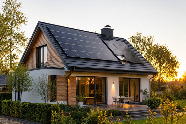 Moderne woning in gouden zonsondergang
