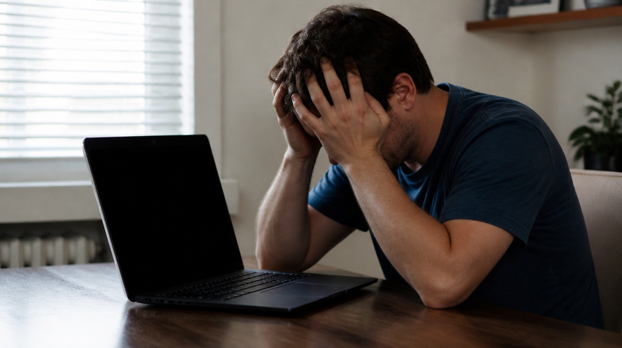 Een man die met stress naar zijn gehackte laptop kijkt